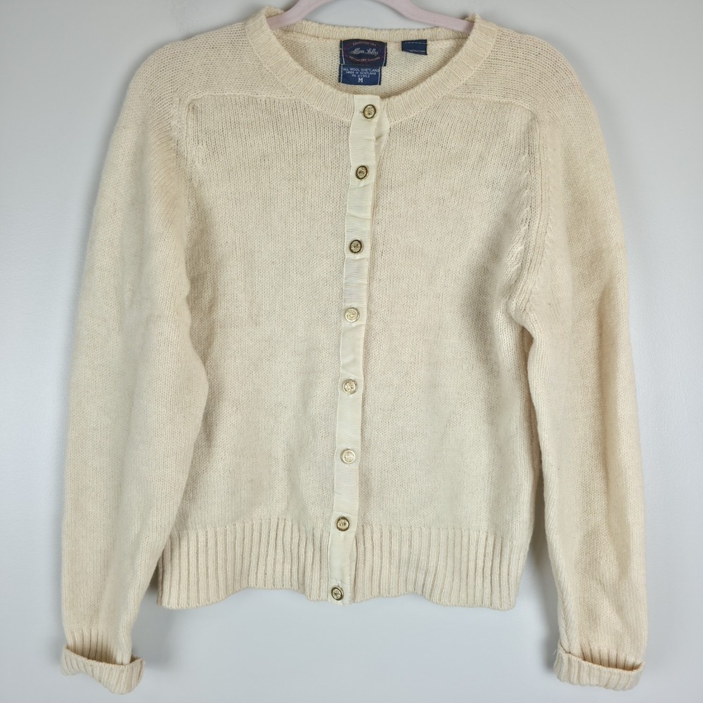 Allen Solly Cream Wool Made in Scotland Gold Buttons Knit Sweater Cardigan M.D49